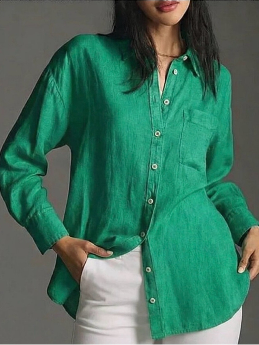 Anthropologie Maeve Linen Bennet Button Down Shirt Kelly Green Long Sleeve-Small